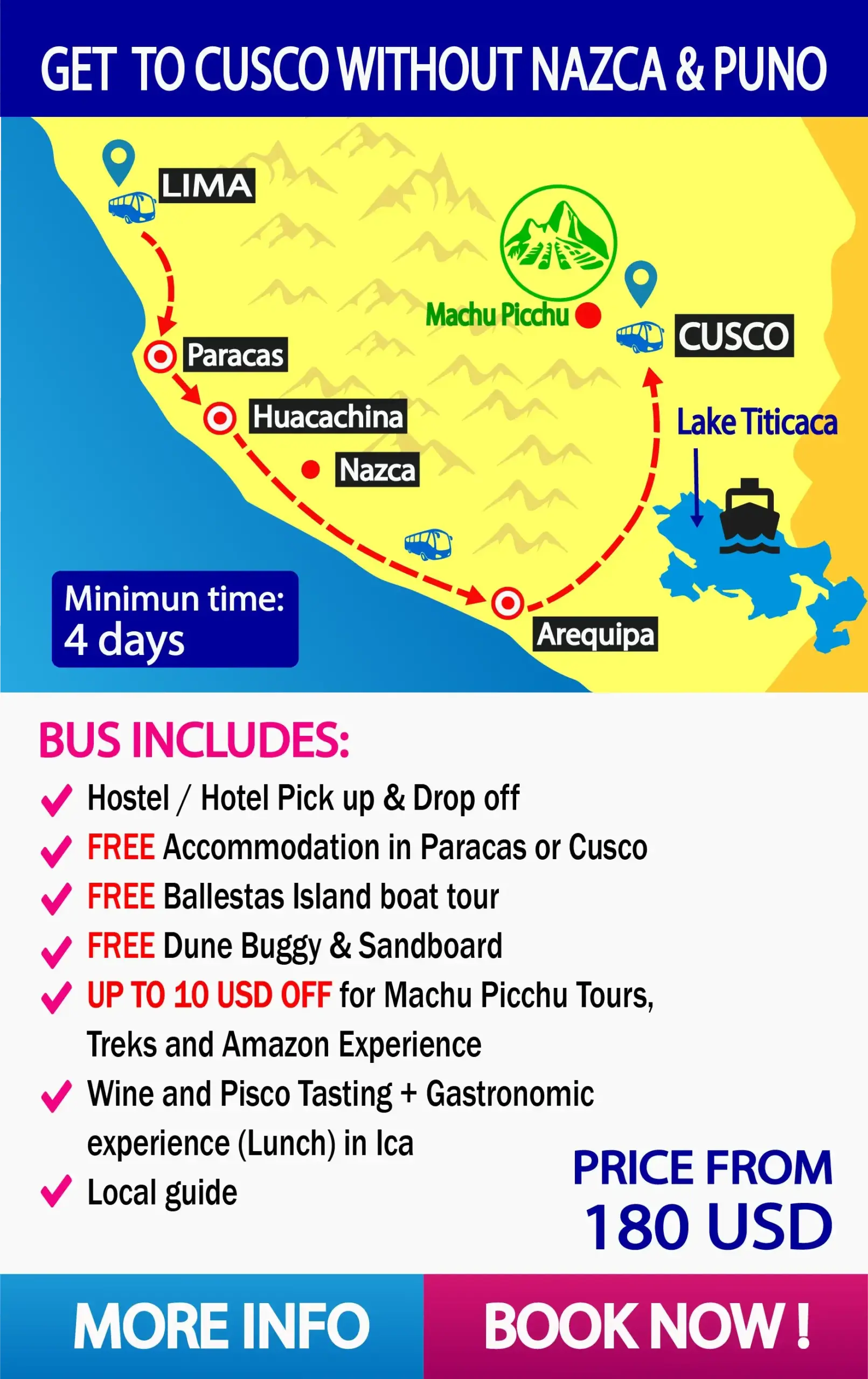 Bus Lima to Cusco without Nazca and Puno | Door to Door service | Wayki Bus