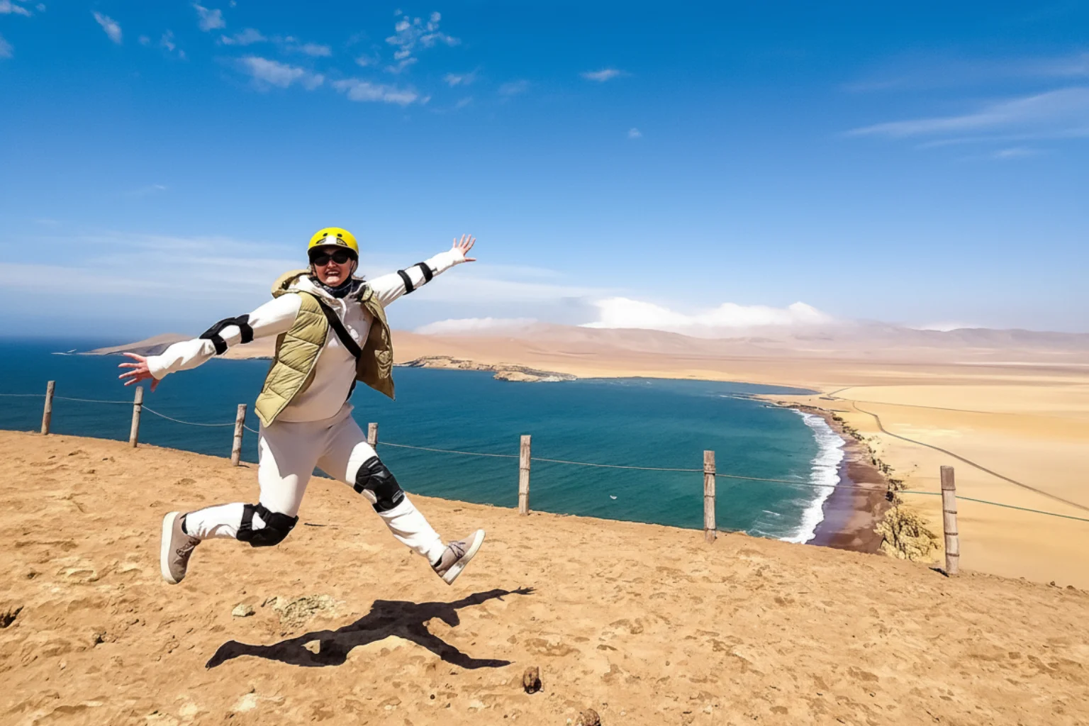 Traveler happy to visit the Paracas National Reserve - Wayki Bus